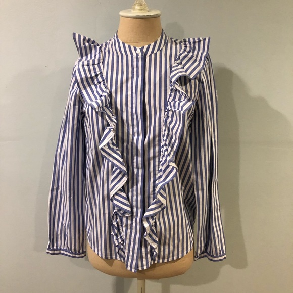 Madewell Blue and White Striped Ruffle Front Button-down Blouse - Picture 1 of 6